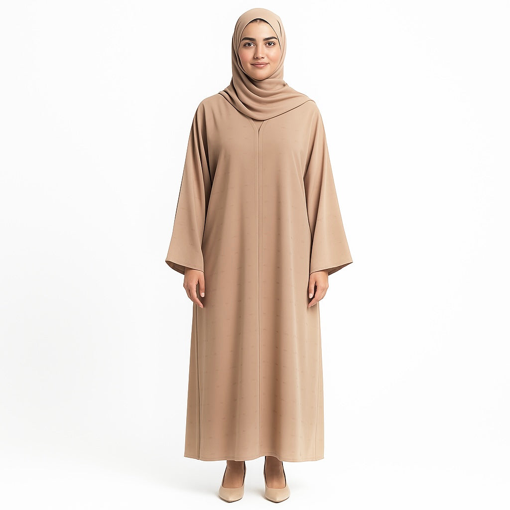 Zanattire Beige Korean nida abaya with matching hijab and soft textured fabric for a modest elegant look.