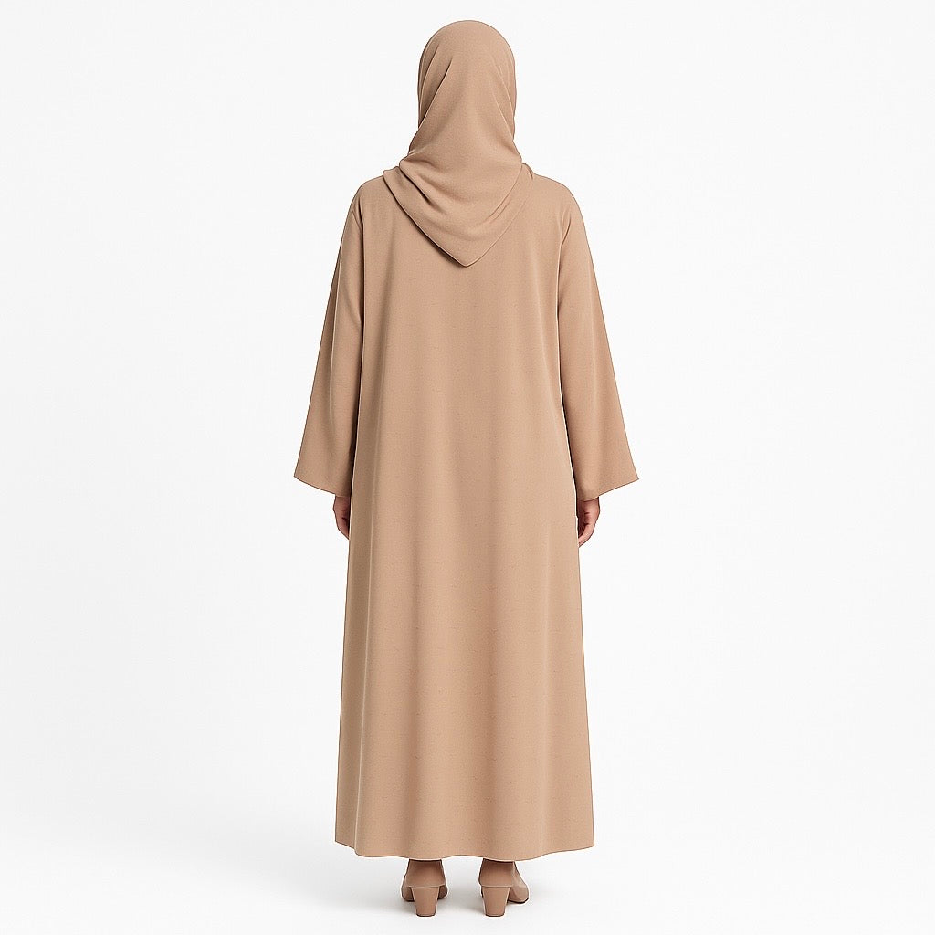 Zanattire Beige Korean nida abaya with matching hijab and soft textured fabric for a modest elegant look.