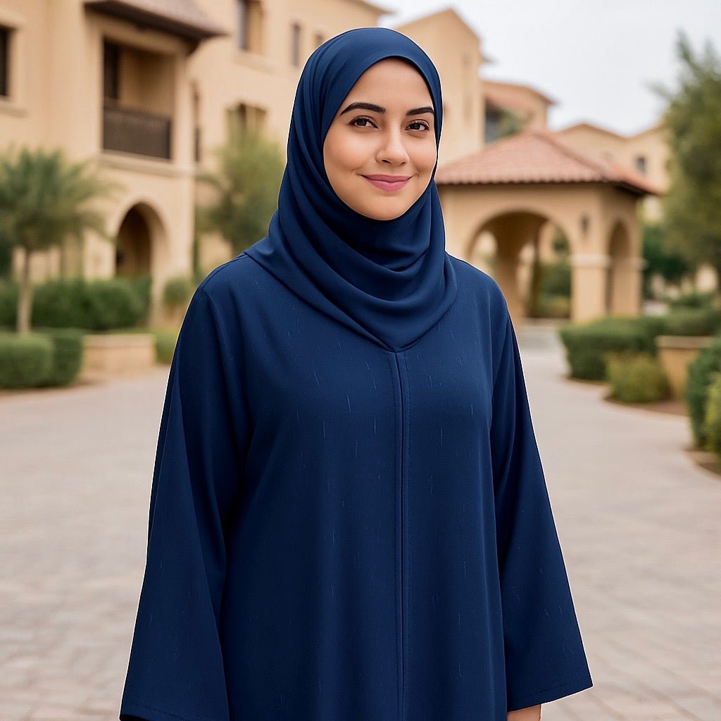 Zanattire Navy blue Korean nida abaya with matching hijab and soft textured fabric for a modest elegant look.