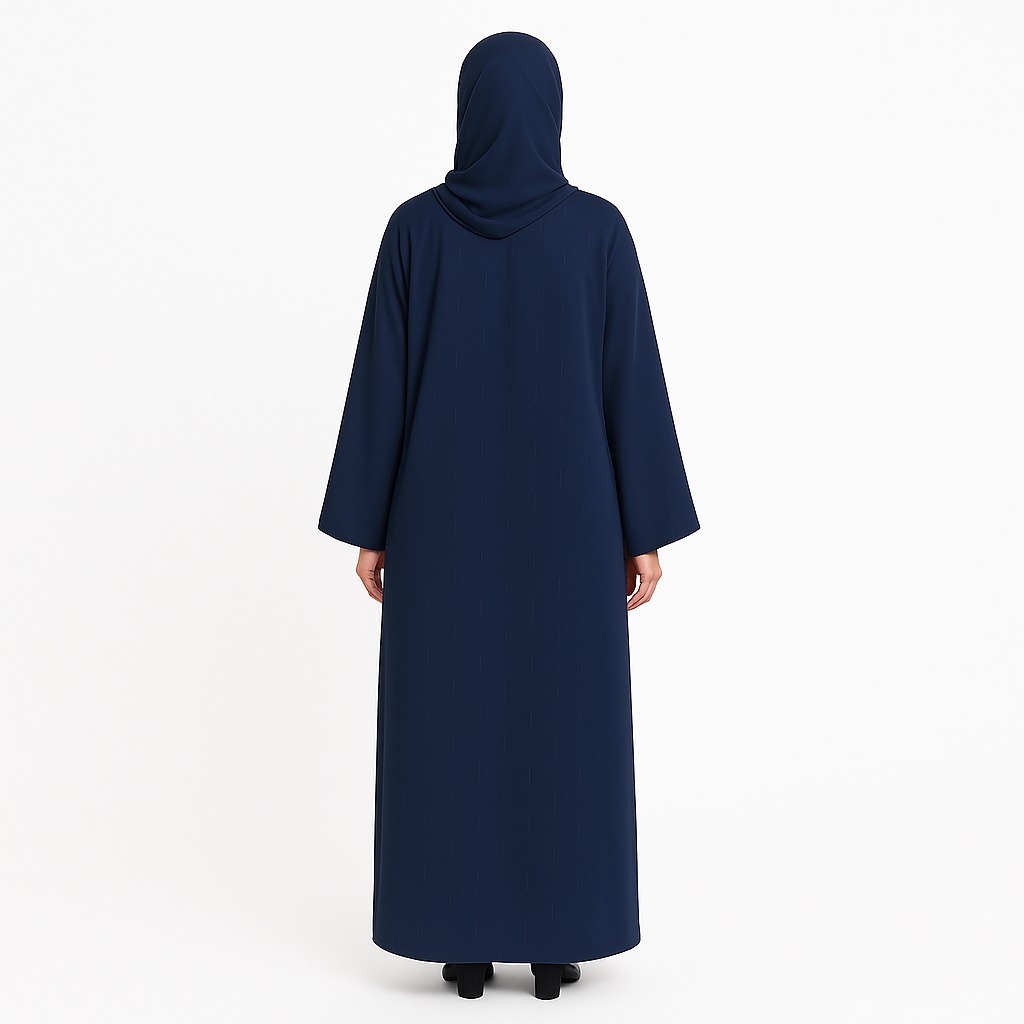 Zanattire Navy blue Korean nida abaya with matching hijab and soft textured fabric for a modest elegant look.