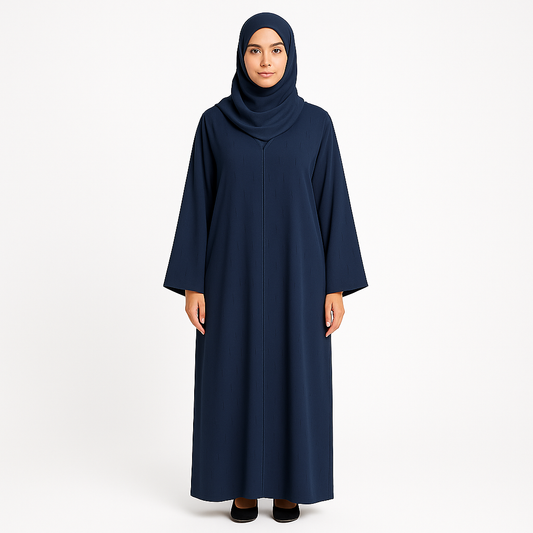 Zanattire Navy blue Korean nida abaya with matching hijab and soft textured fabric for a modest elegant look.
