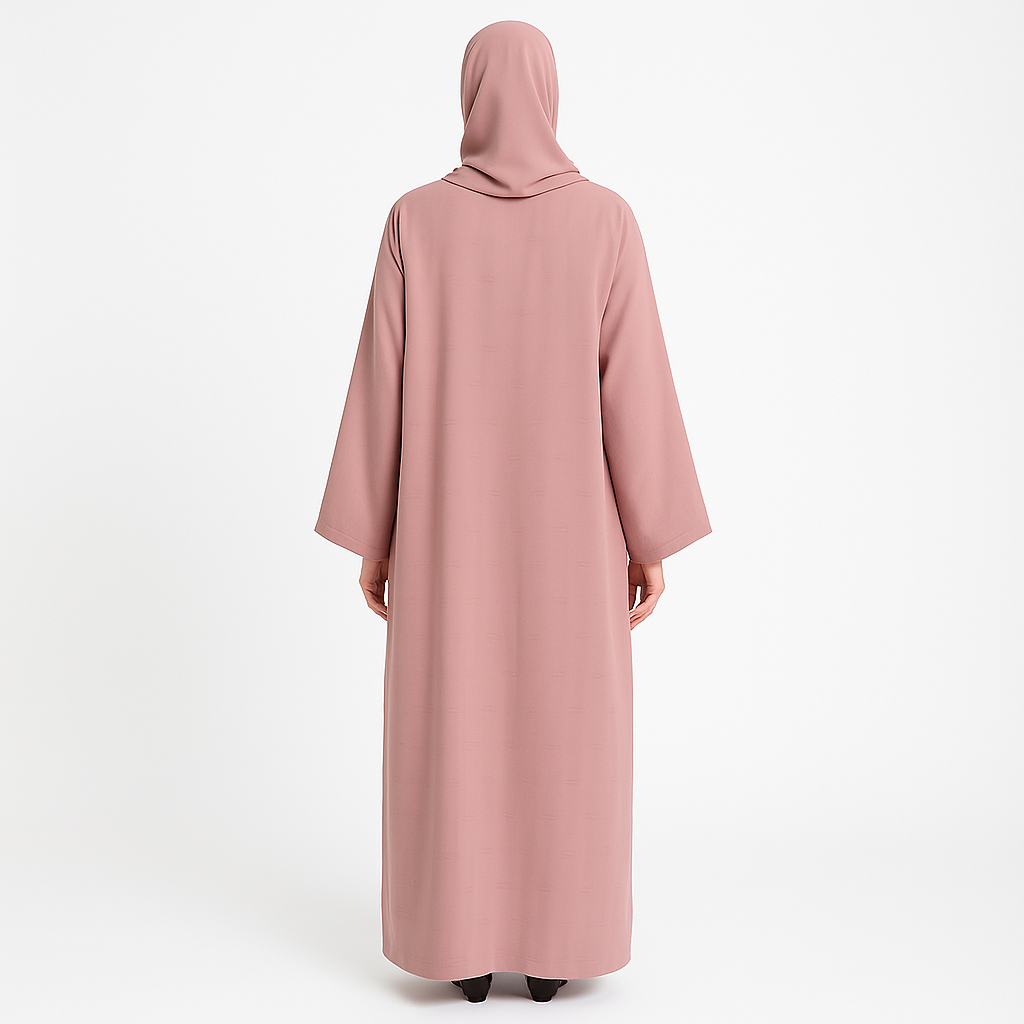 Zanattire pink Korean nida abaya with matching hijab and soft textured fabric for a modest elegant look.