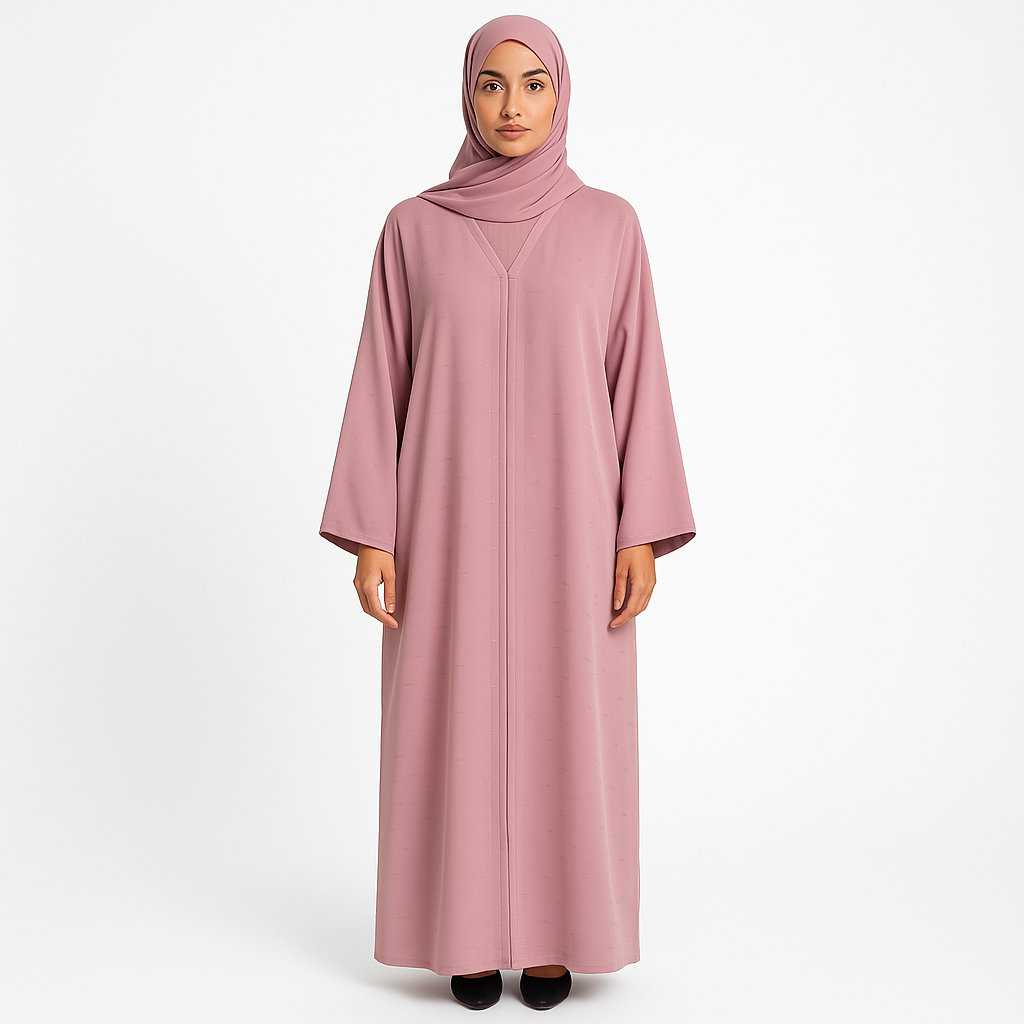 Zanattire pink Korean nida abaya with matching hijab and soft textured fabric for a modest elegant look.