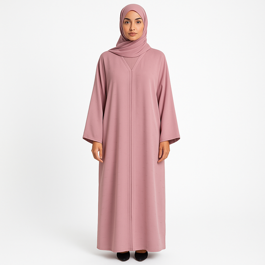 Zanattire pink Korean nida abaya with matching hijab and soft textured fabric for a modest elegant look.