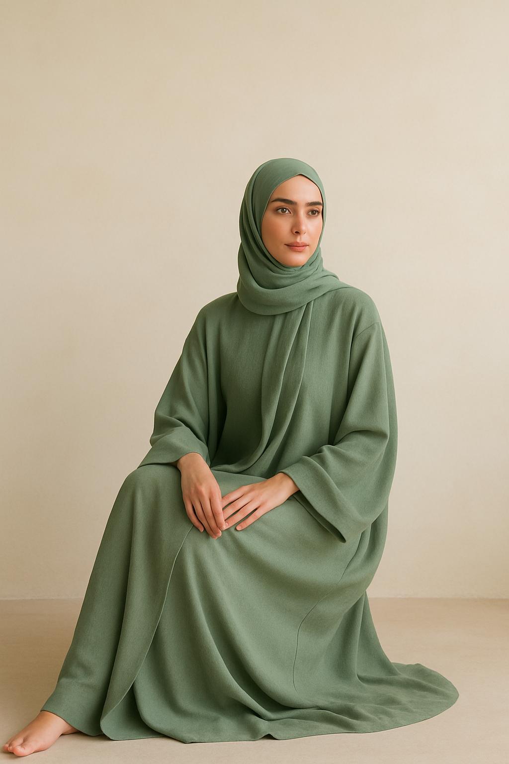 Zanattire green abaya with matching hijab, featuring a soft flowy fabric and elegant modest design